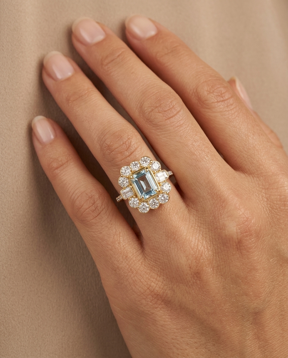 14KT Gold Aquamarine and Diamonds Ring on model
