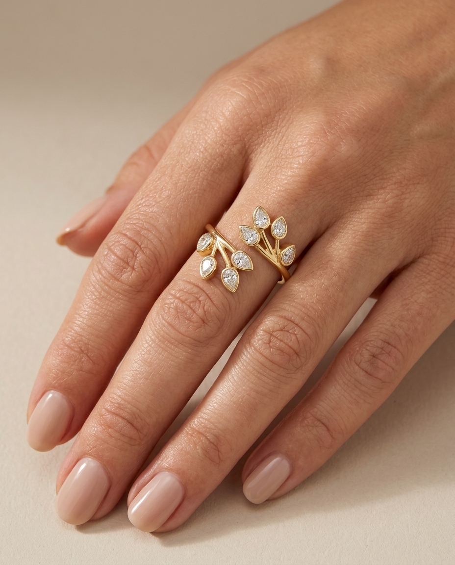 14KT Gold Branch Leaf Design Bezeled Diamond Ring on model
