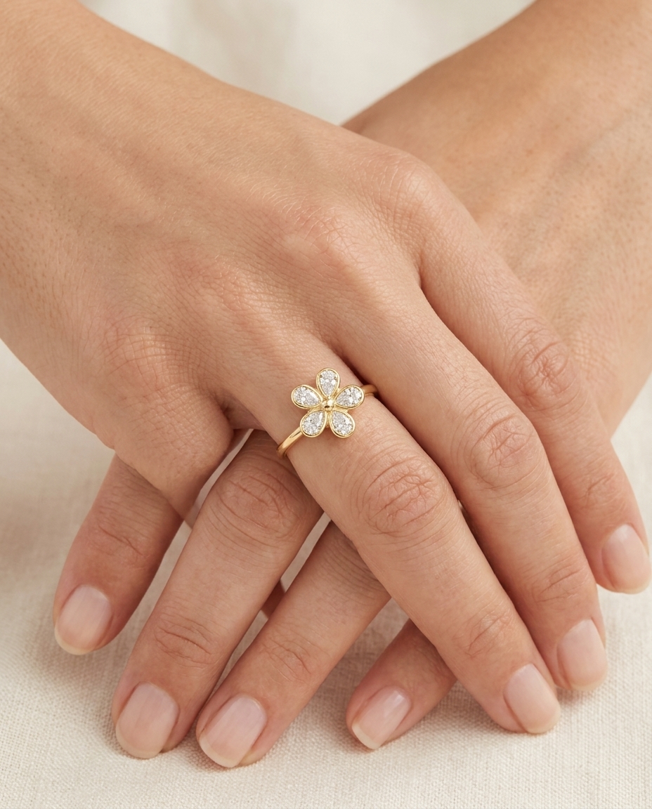14KT Gold Bezeled Diamond Flower Design Ring on model