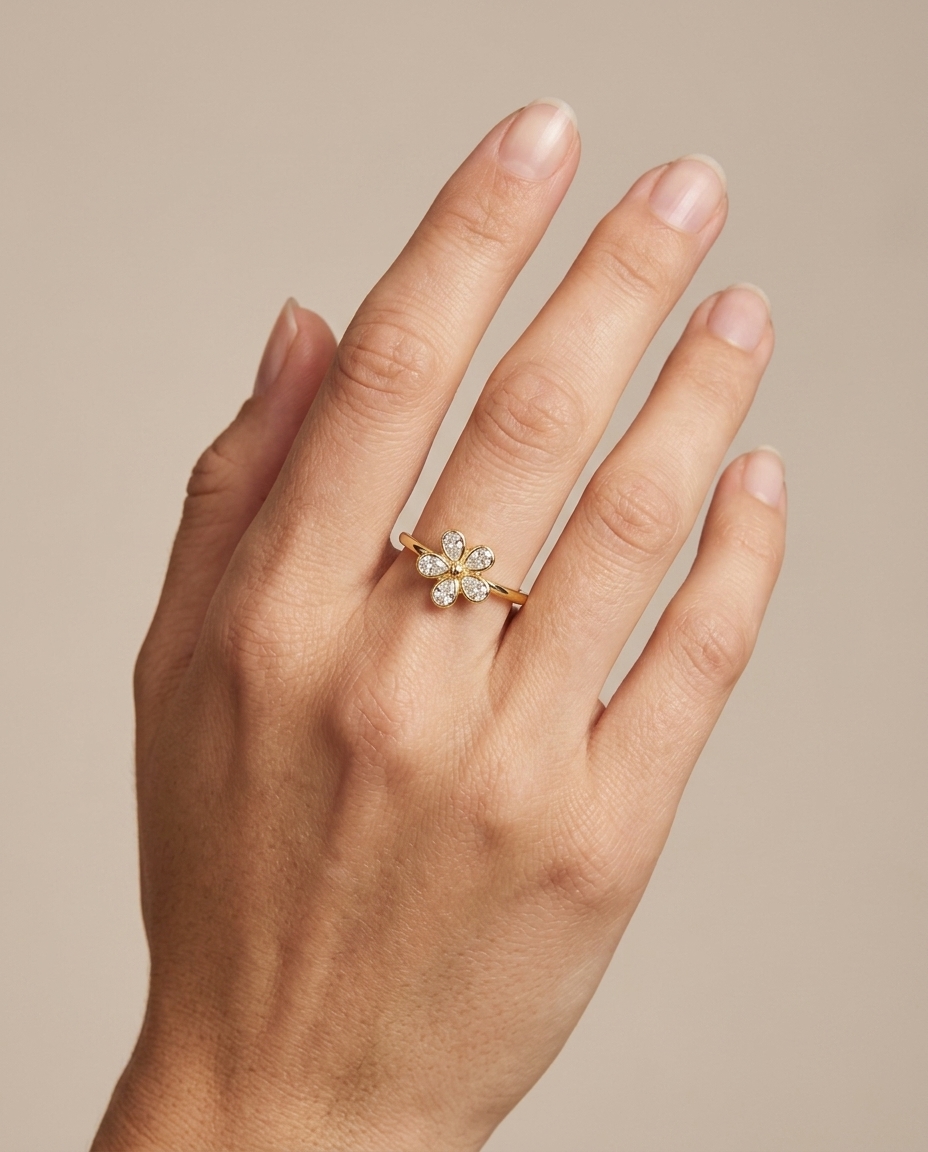 14KT Gold Bezeled Diamond Flower Design Ring on model
