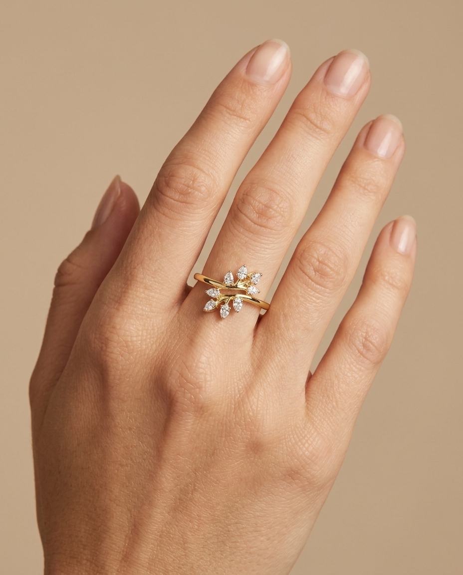 14KT Gold Branch Leaf Design Diamond Ring on model