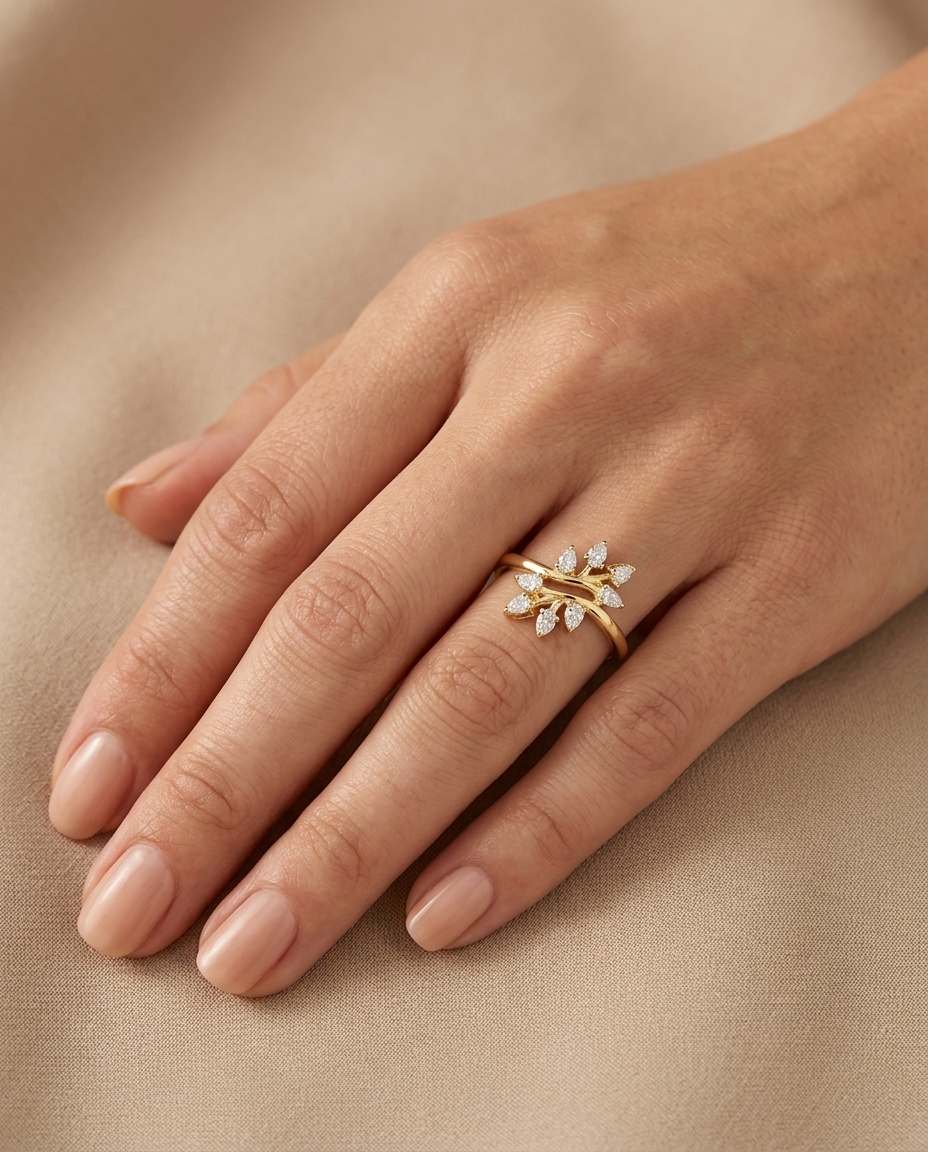 14KT Gold Branch Leaf Design Diamond Ring on model