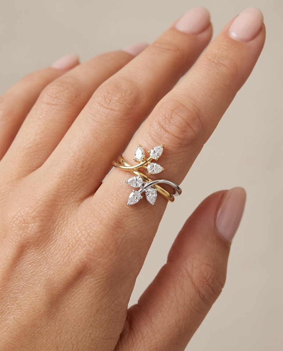 14KT Gold Tri-Leaf Design Diamond Ring on model