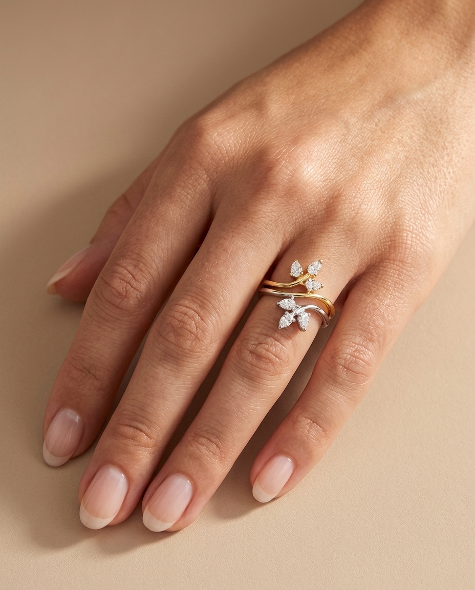 14KT Gold Tri-Leaf Design Diamond Ring on model