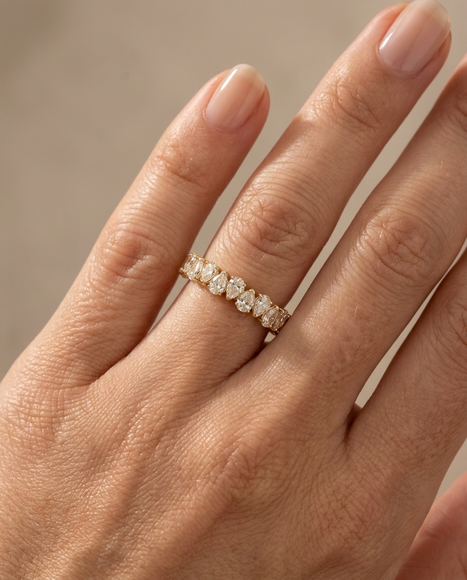 14KT Gold Pear Shape Diamond Ring on model
