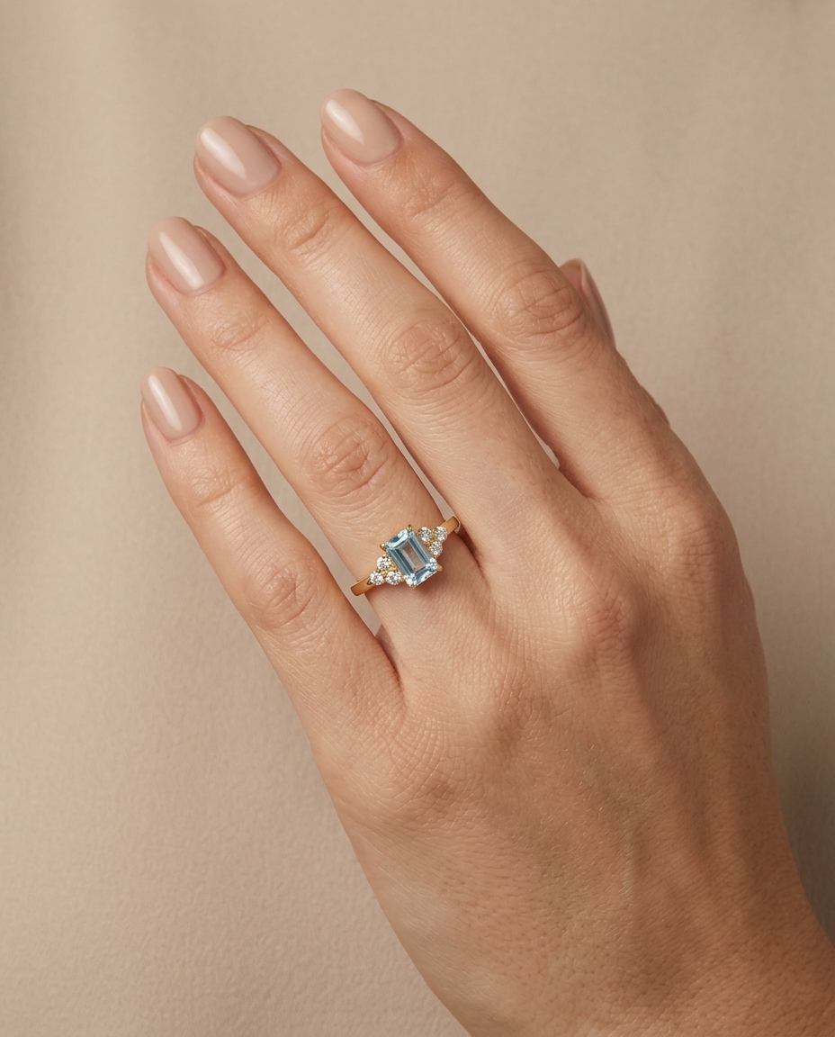 14KT Yellow Gold Aquamarine and Diamonds Ring on model
