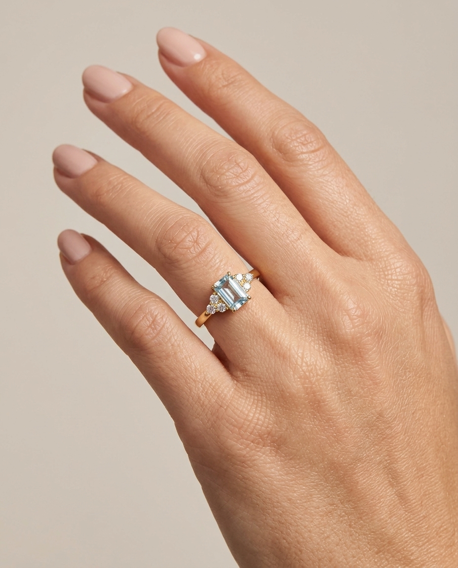 14KT Yellow Gold Aquamarine and Diamonds Ring on model