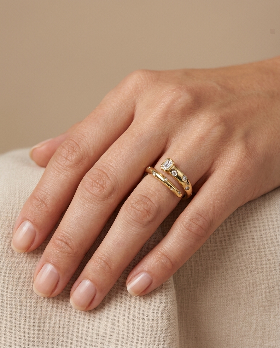 14KT Gold Diamond Open Ended Ring on model