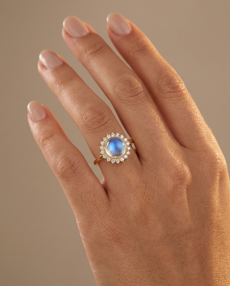 14KT Yellow Gold Rainbow Moonstone and Diamonds Ring on model