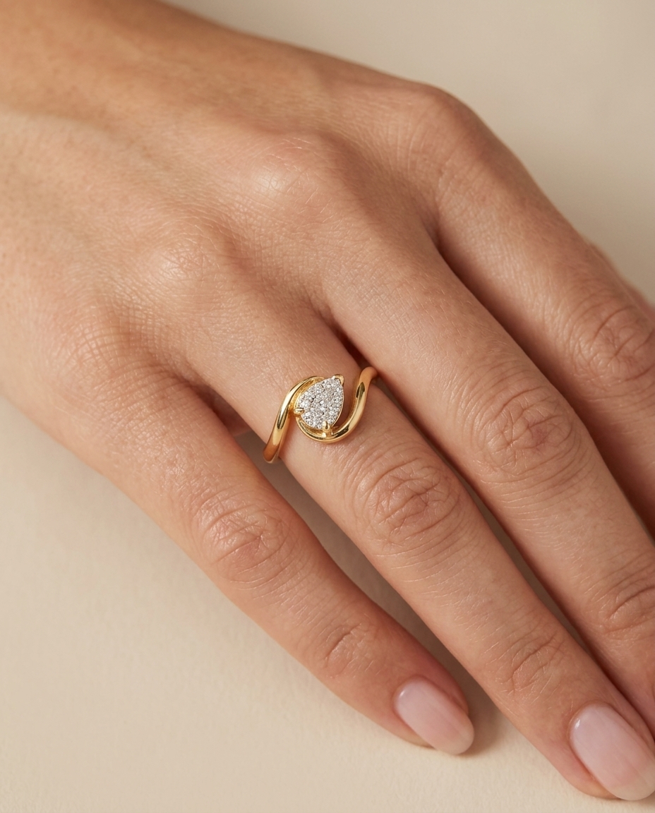 14KT Gold Pear Shape Diamond Ring on model