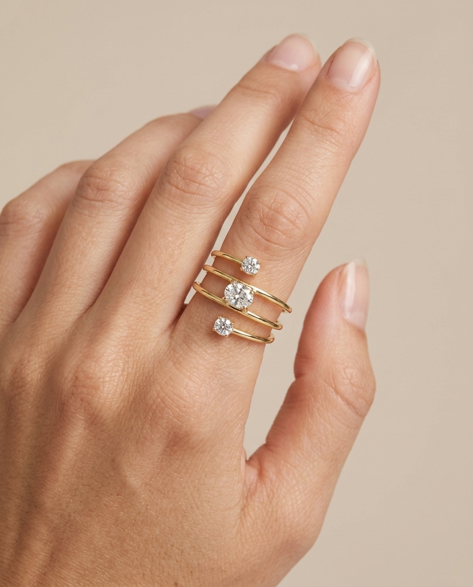 14KT Gold Diamonds Ring on model