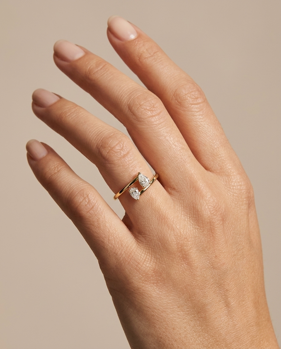 14KT Gold Pear Shape Diamond Ring on model
