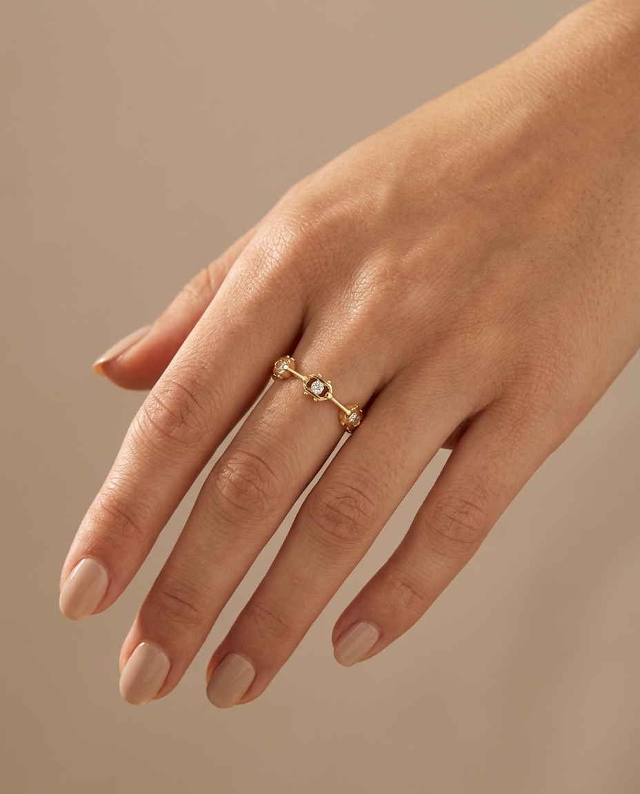 14KT Yellow Gold Diamond Station Eternity Ring on model