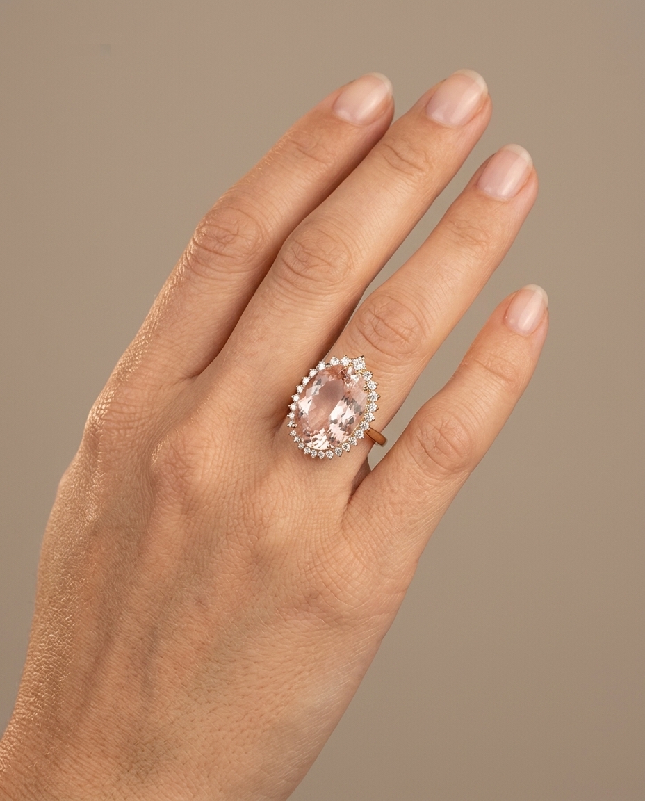 14KT Rose Gold Morganite Ring with Diamonds on model