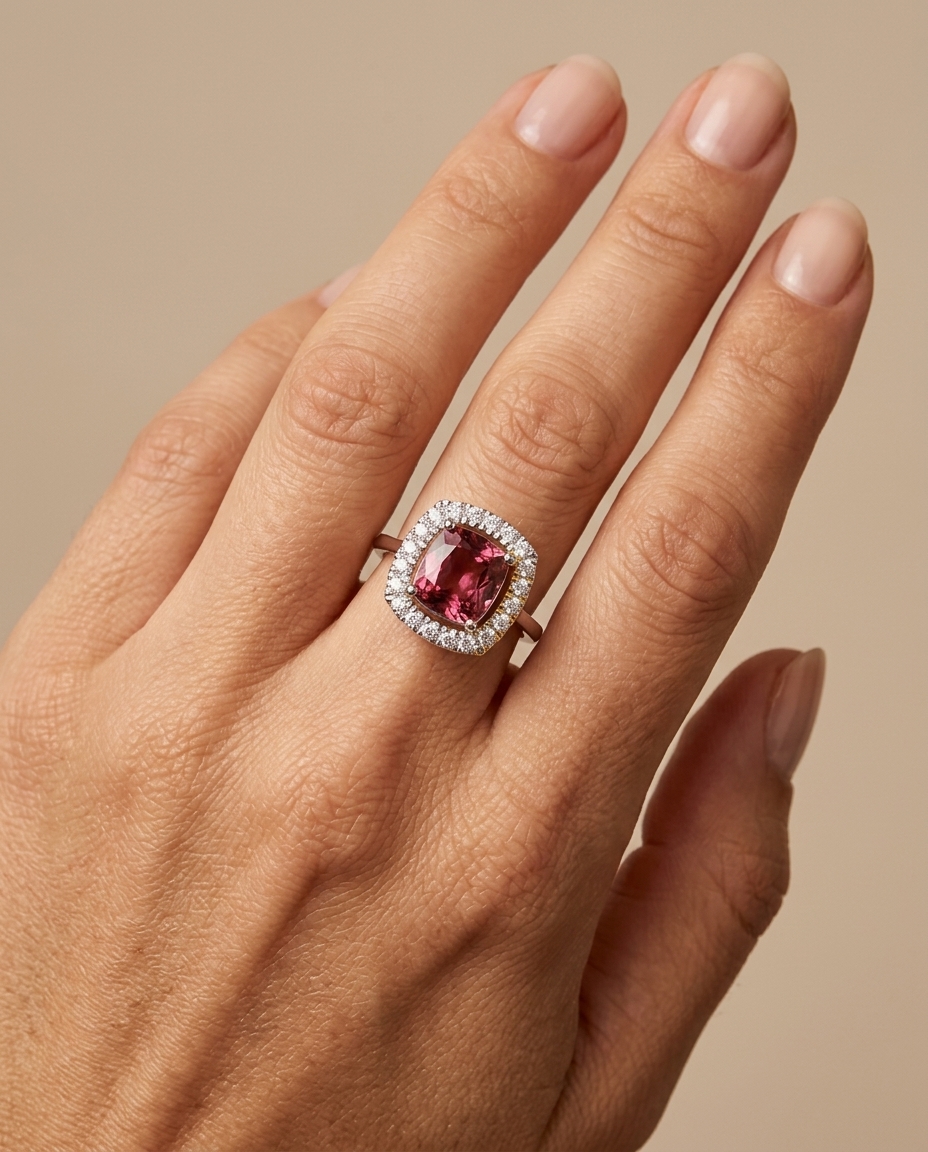 14KT White Gold Pink Tourmaline and Diamonds Ring on model