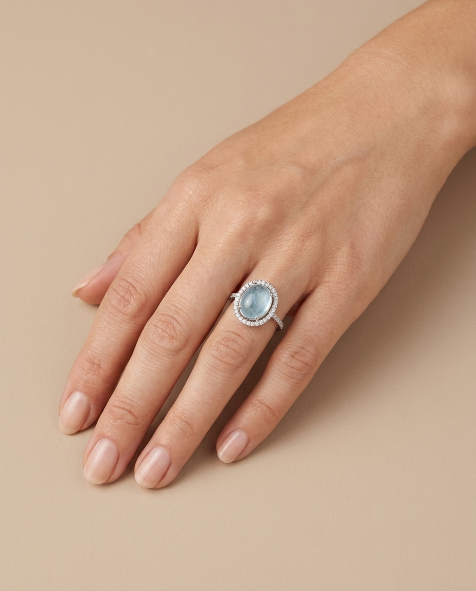 14KT White Gold Aquamarine and Diamonds Ring on model