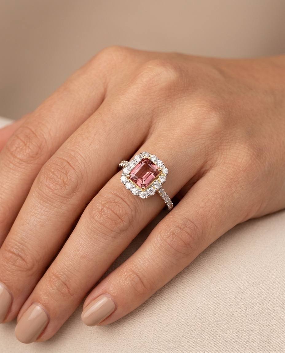 14KT White Gold Pink Tourmaline and Diamonds Ring on model