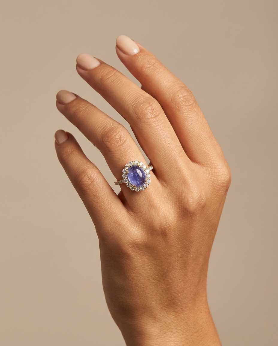14KT Yellow Gold Tanzanite and Diamonds Ring on model