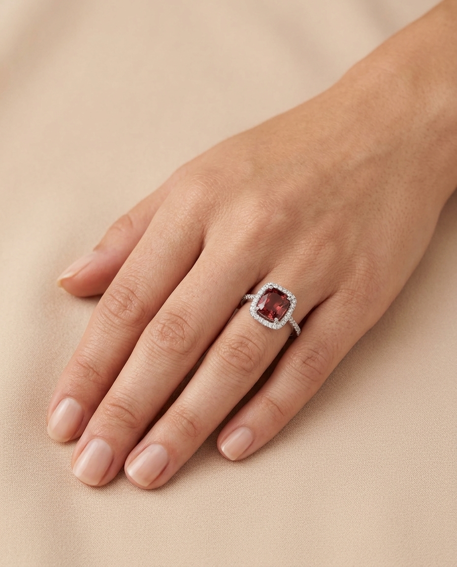 14KT White Gold Pink Tourmaline and Diamonds Ring on model