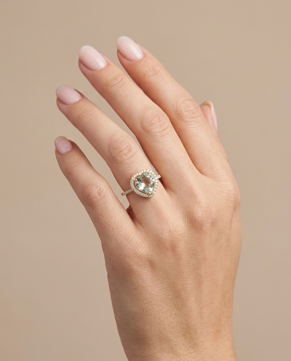 14KT Yellow Gold Heart Shape Green Tourmaline and Diamonds Ring on model