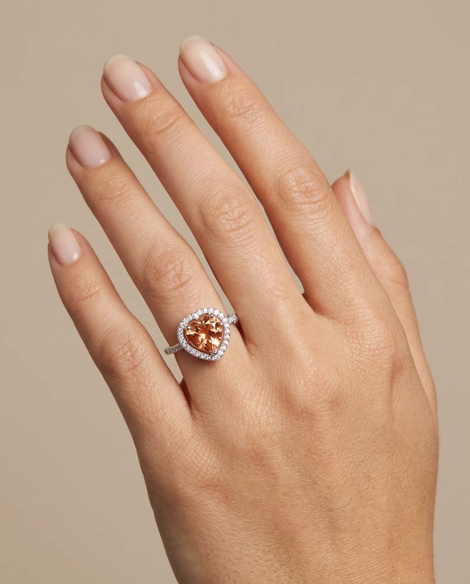 14KT White Gold Heart Shape Orange Tourmaline and Diamonds Ring on model