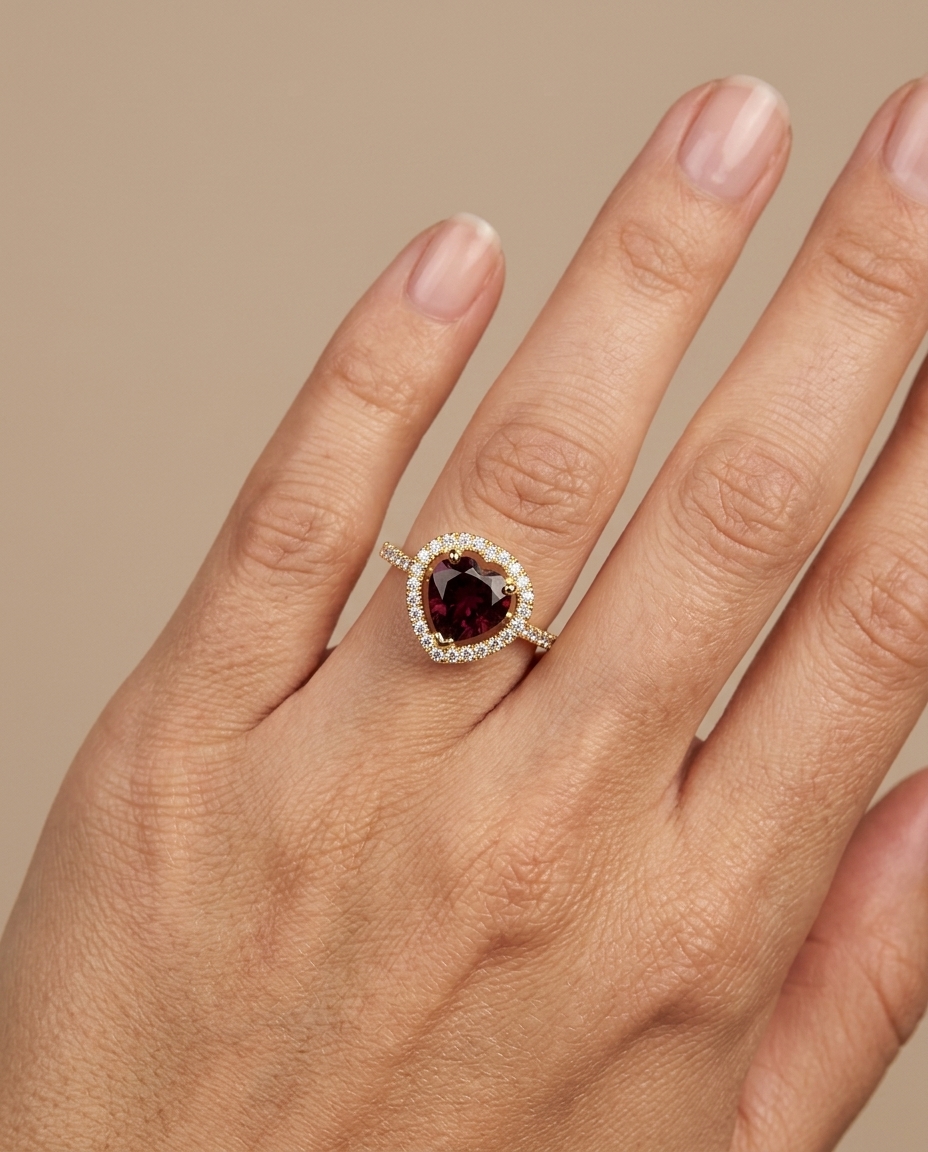 14KT Yellow Gold Heart Shape Pink Tourmaline and Diamonds Ring on model