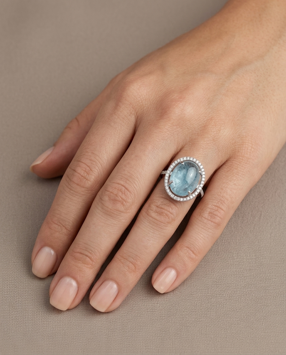 14KT White Gold Aquamarine and Diamonds Ring on model