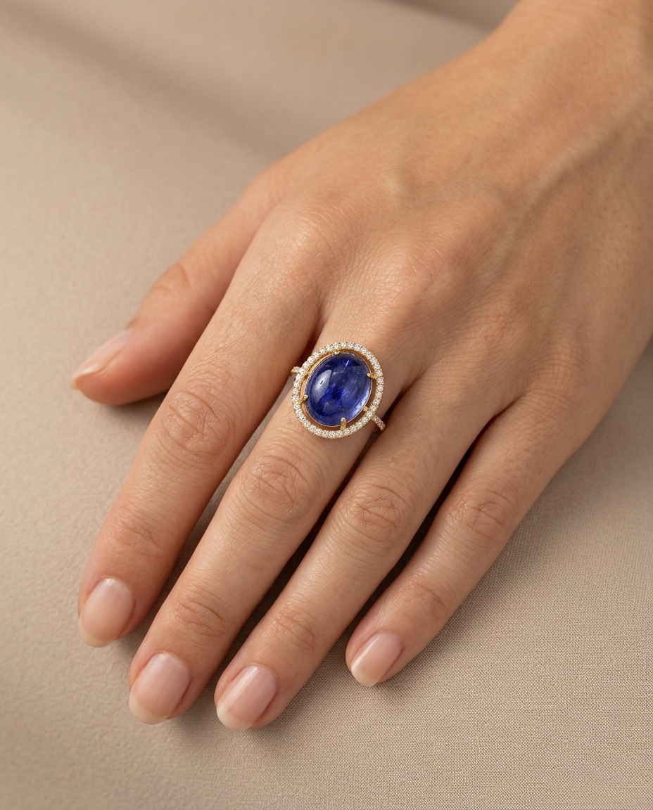 14KT Yellow Gold Tanzanite and Diamond Ring on model