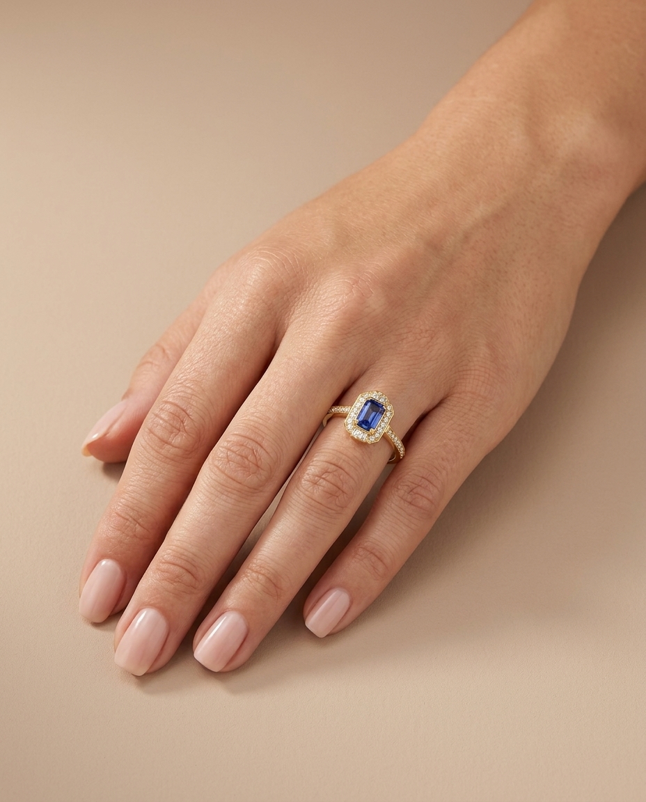 14KT Yellow Gold Tanzanite Emerald Cut with Diamonds Ring on model