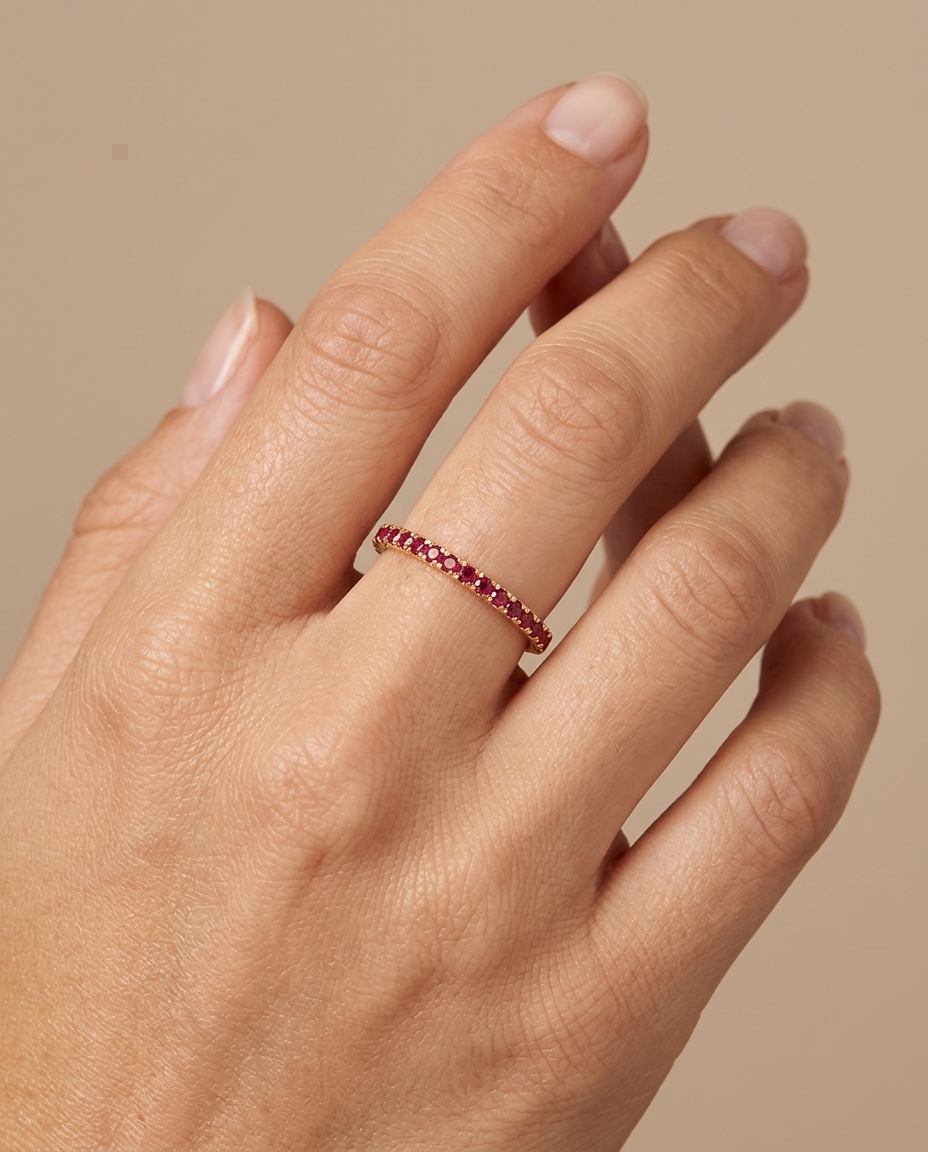 14KT Gold Ruby Diamond Ring Eternity Band on model