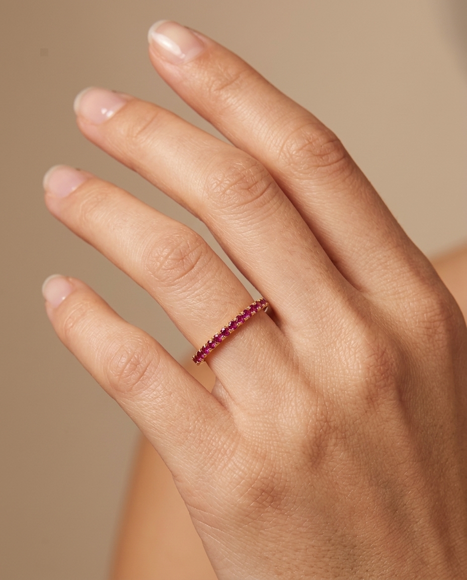 14KT Gold Ruby Diamond Ring Eternity Band on model