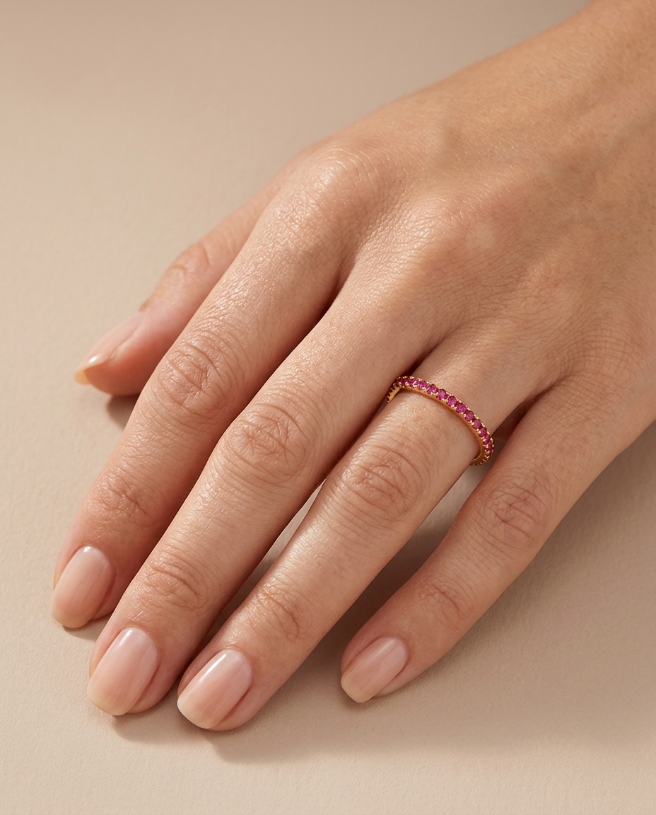 14KT Gold Ruby Diamond Ring Eternity Band on model