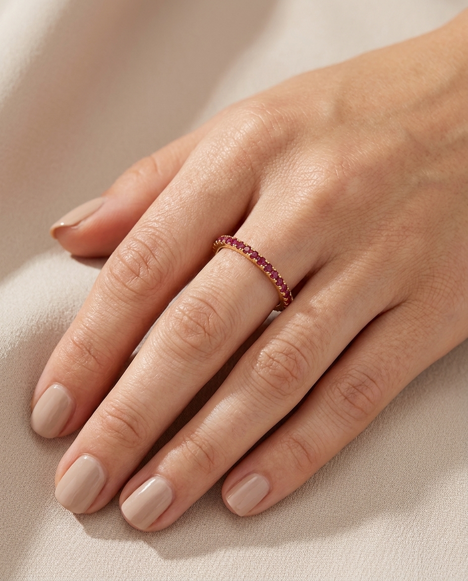 14KT Gold Ruby Diamond Ring Eternity Band on model
