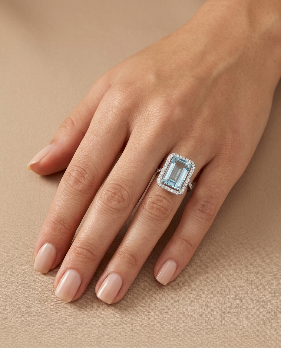 14KT White Gold Aquamarine and Diamonds Ring on model