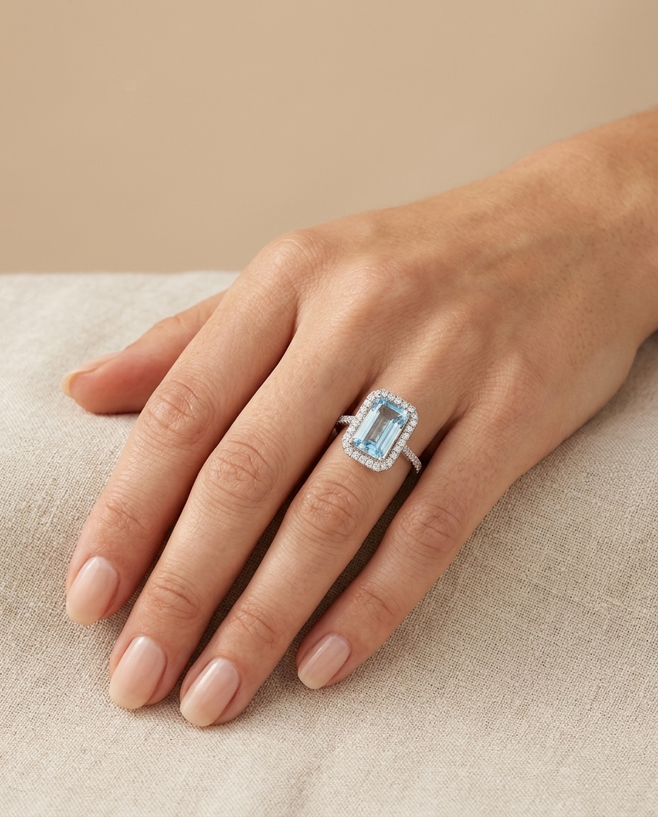 14KT White Gold Aquamarine and Diamonds Ring on model