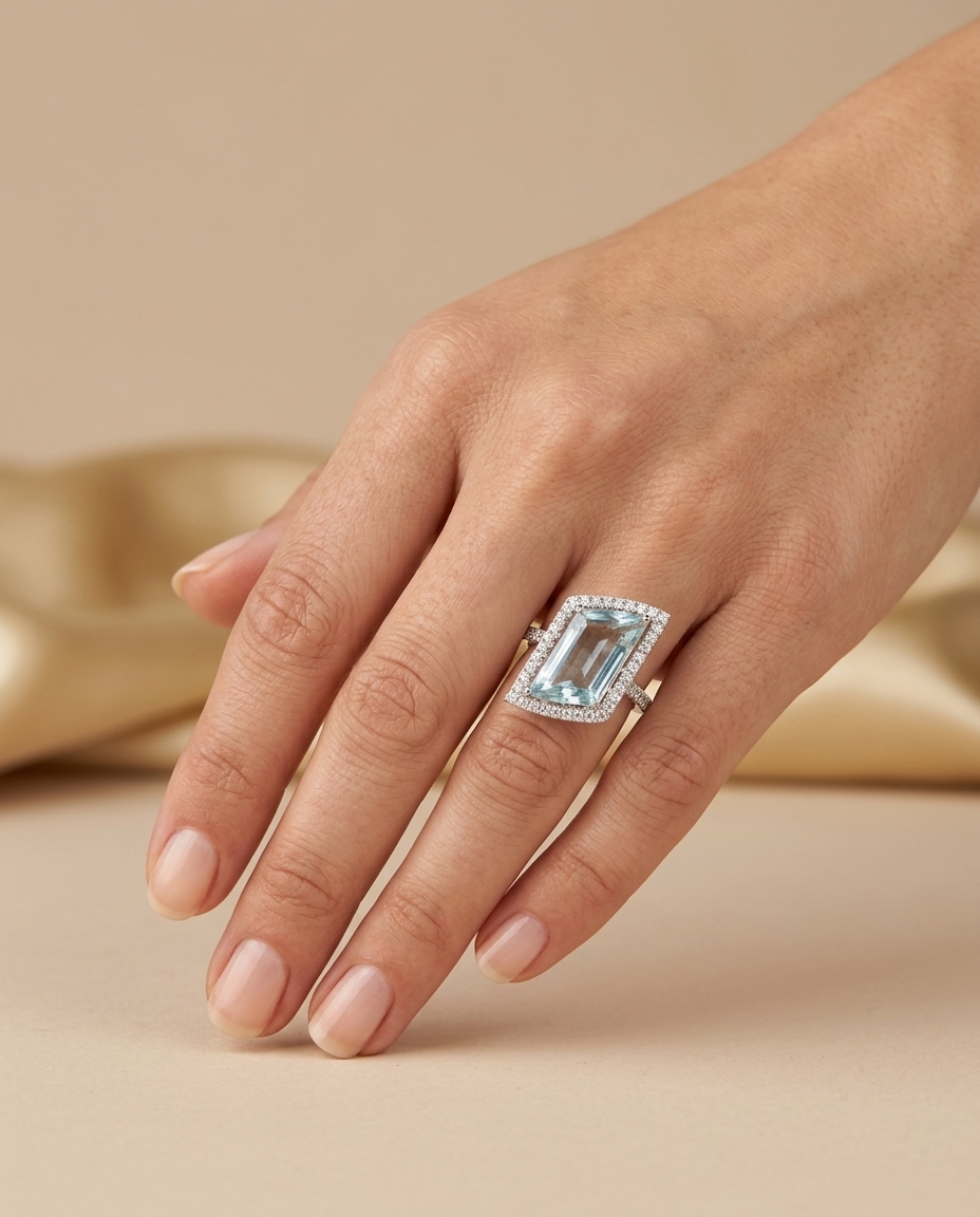 14KT White Gold Aquamarine and Diamonds Ring on model