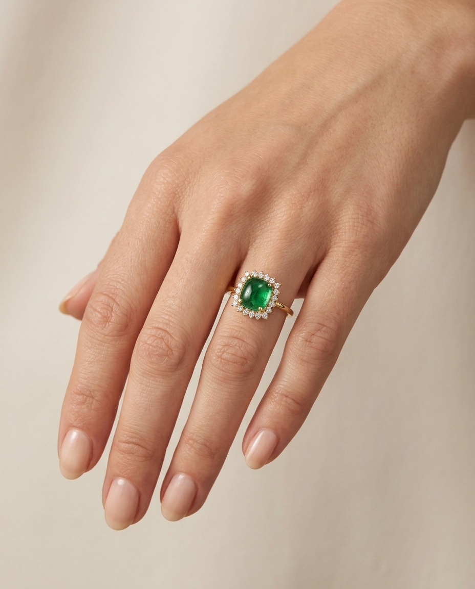 14KT Yellow Gold Tsavorite and Diamonds Ring on model