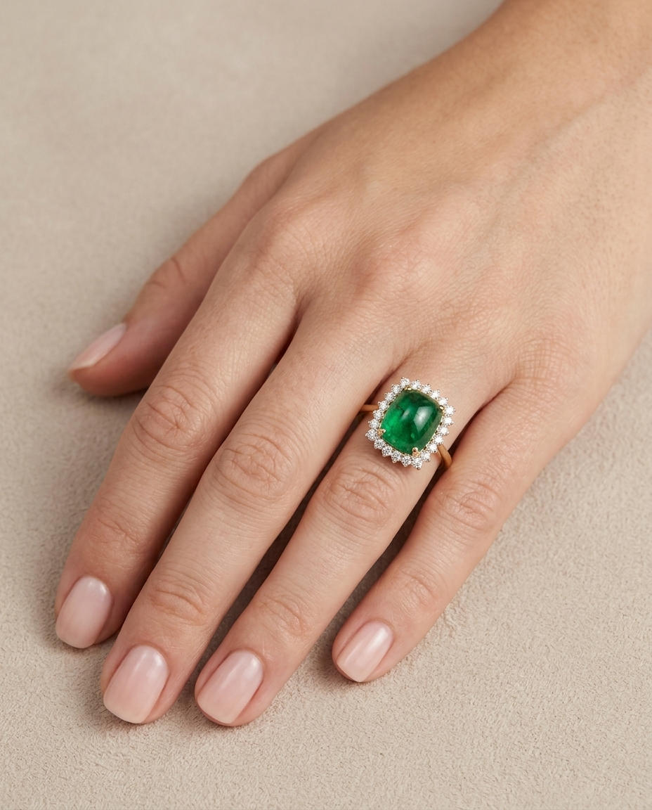 14KT Yellow Gold Tsavorite and Diamonds Ring on model