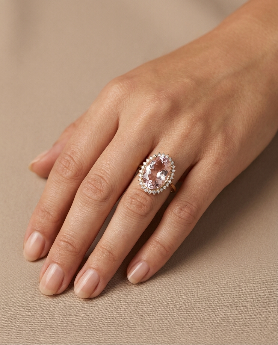 14KT Yellow Gold Kunzite and Diamonds Ring on model