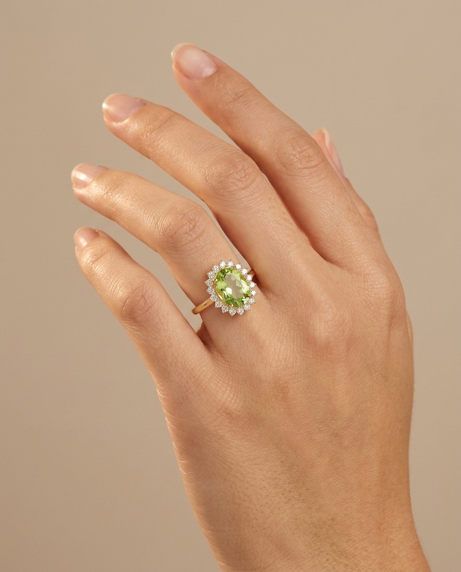 14KT Yellow Gold Green Tourmaline and Diamonds Ring on model