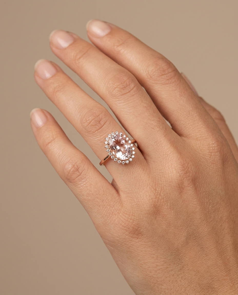 14KT Rose Gold Kunzite and Diamonds Ring on model