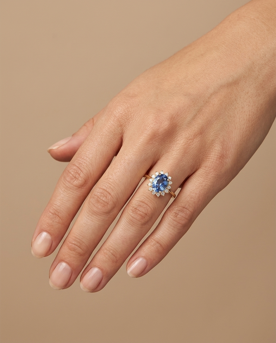 14KT Yellow Gold Sapphire and Diamonds Ring on model