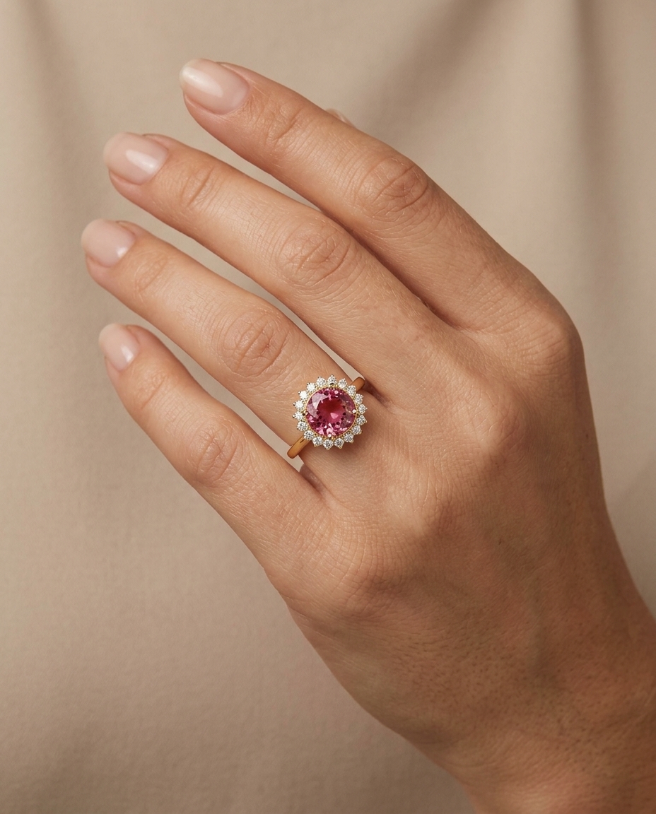 14KT Yellow Gold Pink Tourmaline and Diamonds Ring on model