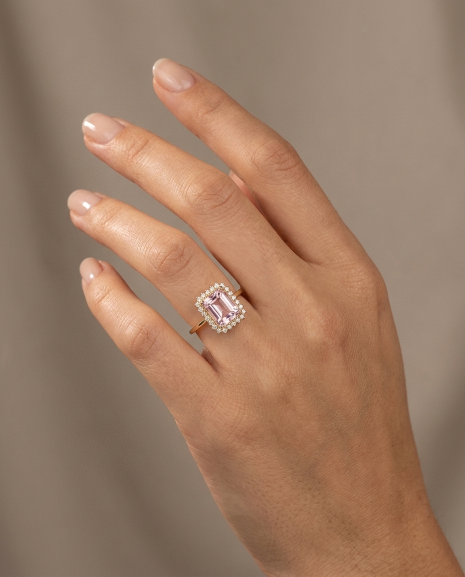 14KT Yellow Gold Kunzite and Diamonds Ring on model