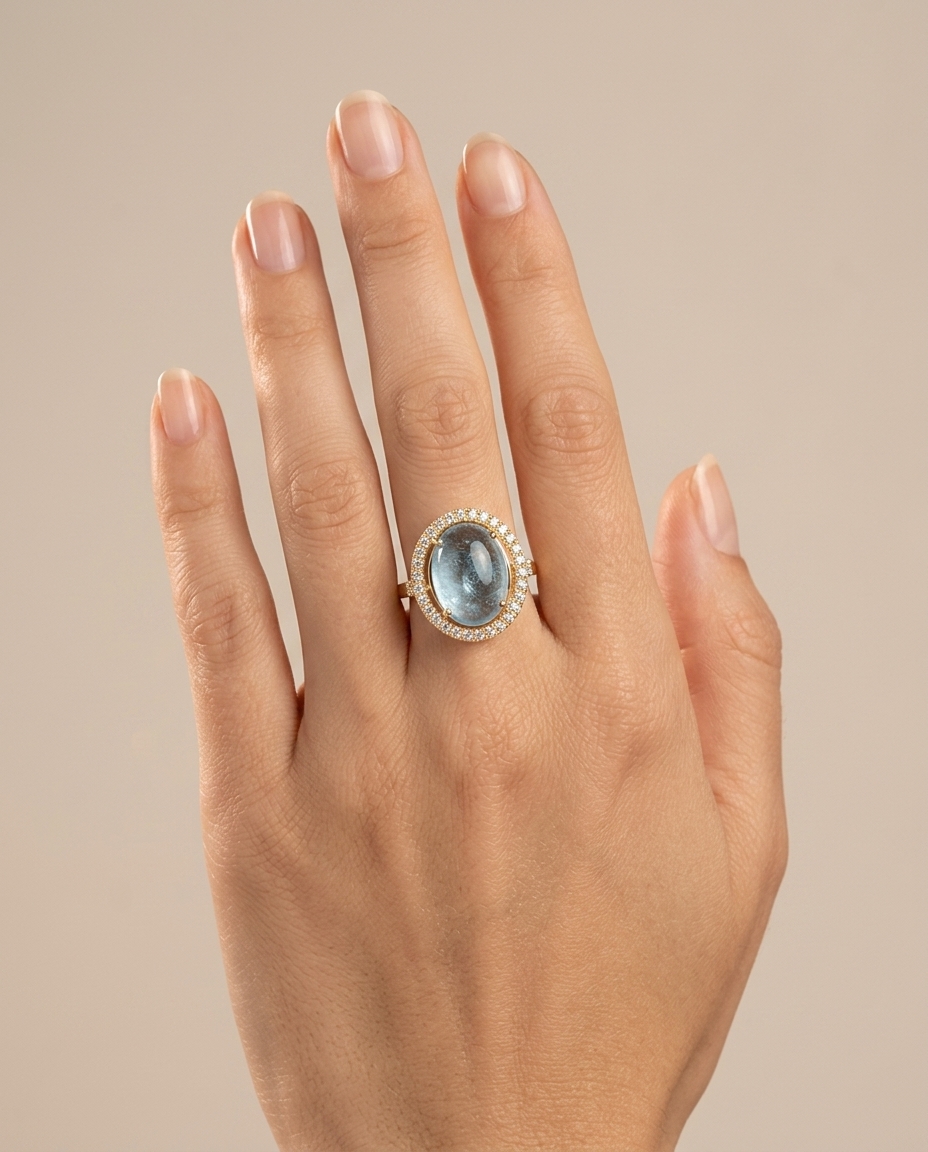 14KT Yellow Gold Aquamarine and Diamonds Ring on model