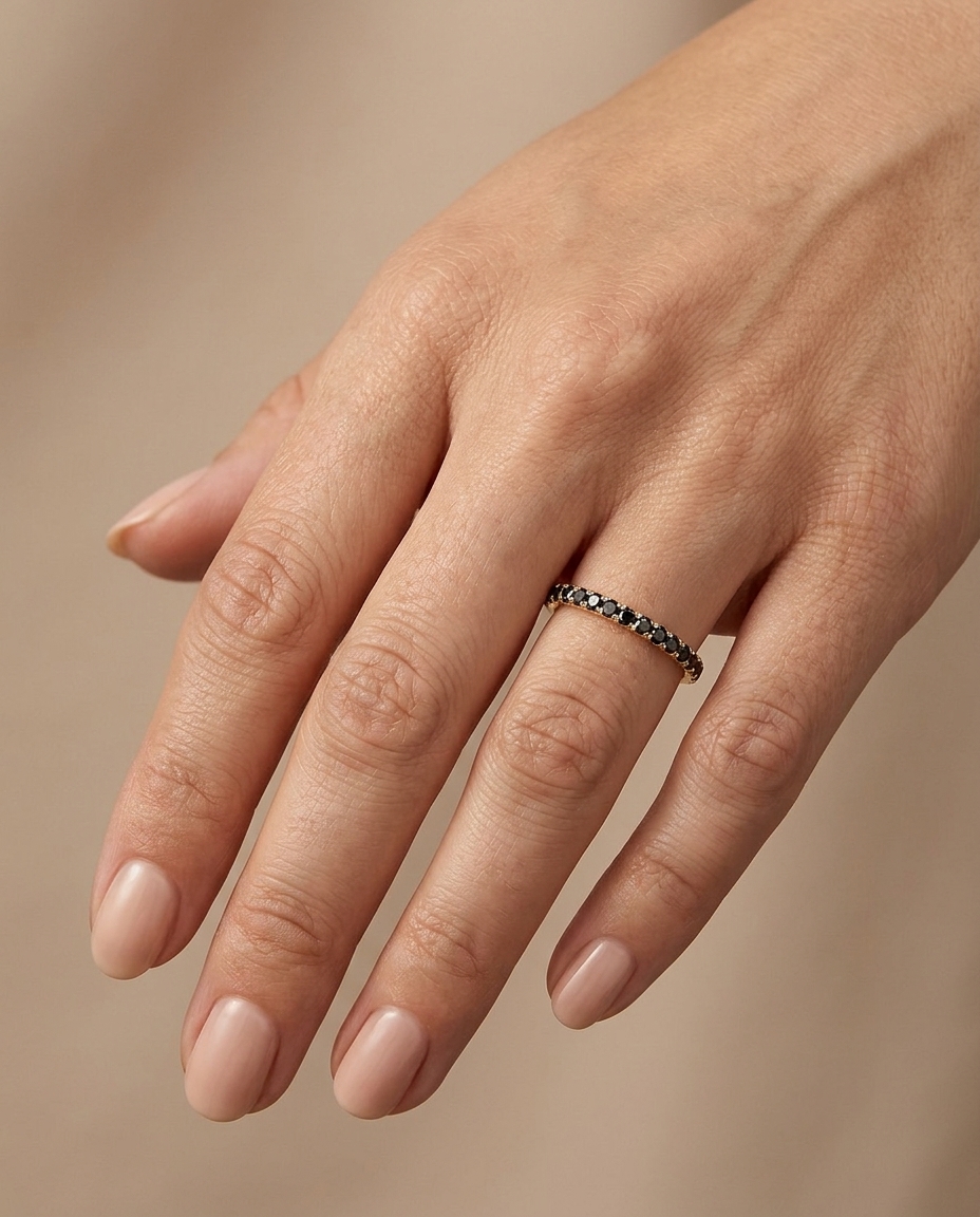 14KT Gold Full Eternity Black Diamond Thin Ring Band on model