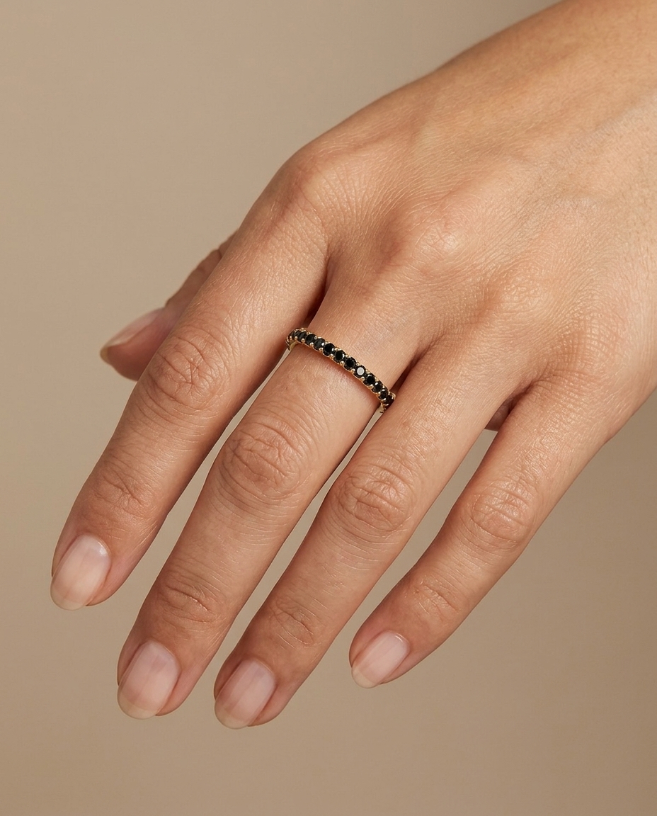 14KT Gold Full Eternity Black Diamond Thin Ring Band on model