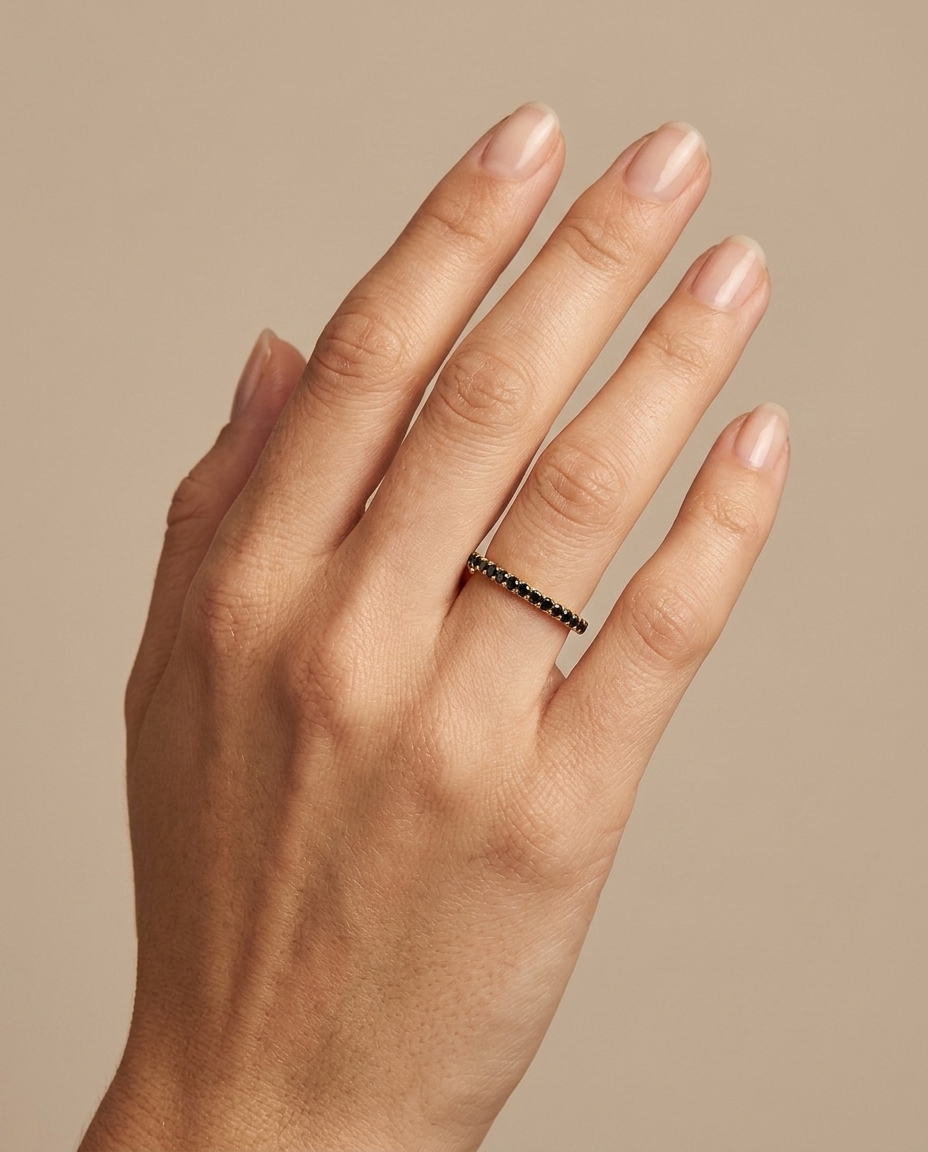 14KT Gold Full Eternity Black Diamond Thin Ring Band on model