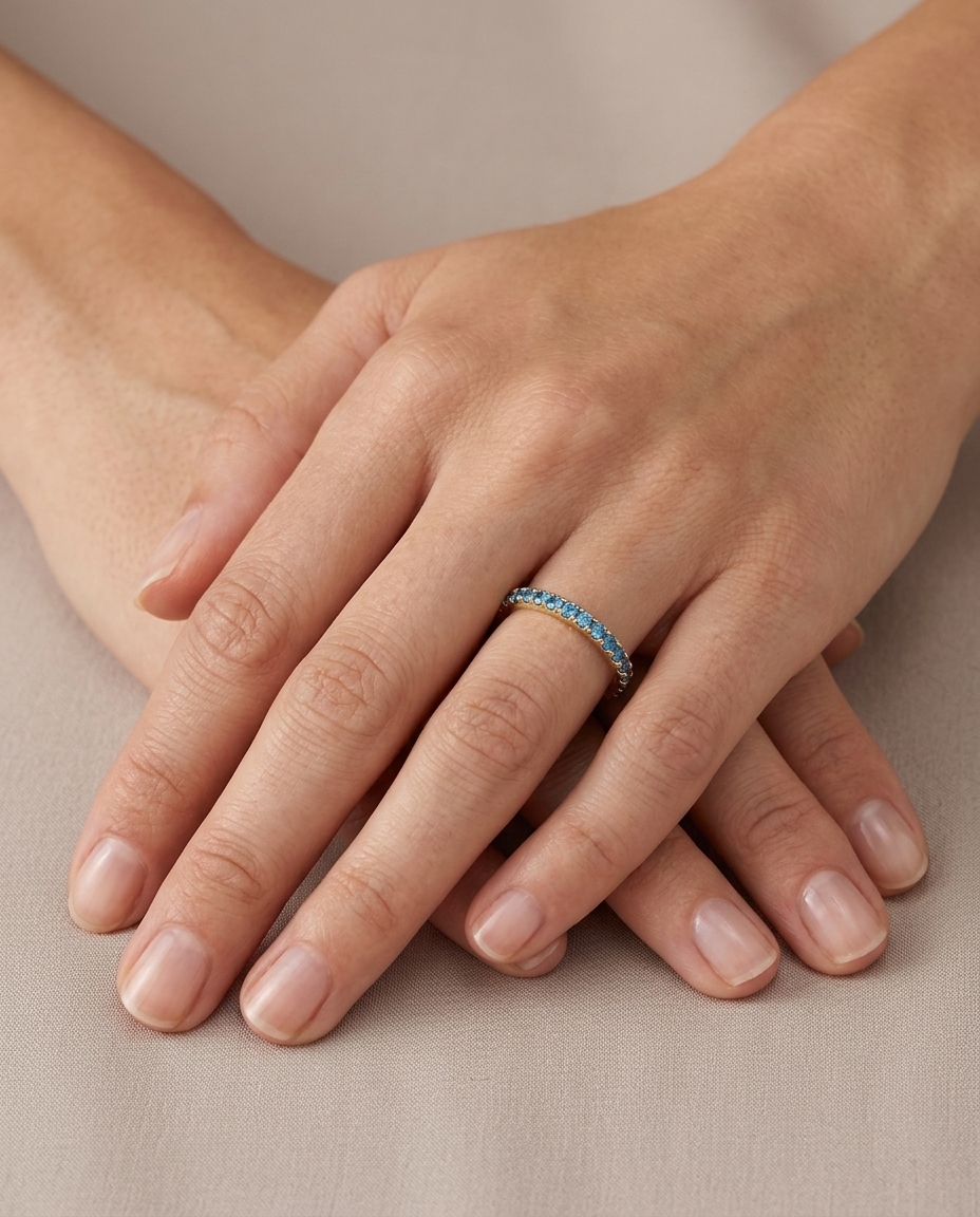 14KT Gold Full Eternity Blue Diamond Thin Ring Band on model