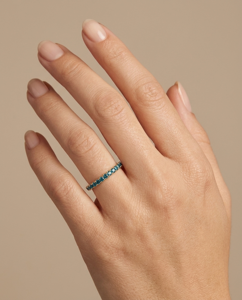 14KT Gold Full Eternity Blue Diamond Thin Ring Band on model